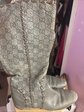 Gucci Gray GG Monogram Leather Boots with Braided Trim
